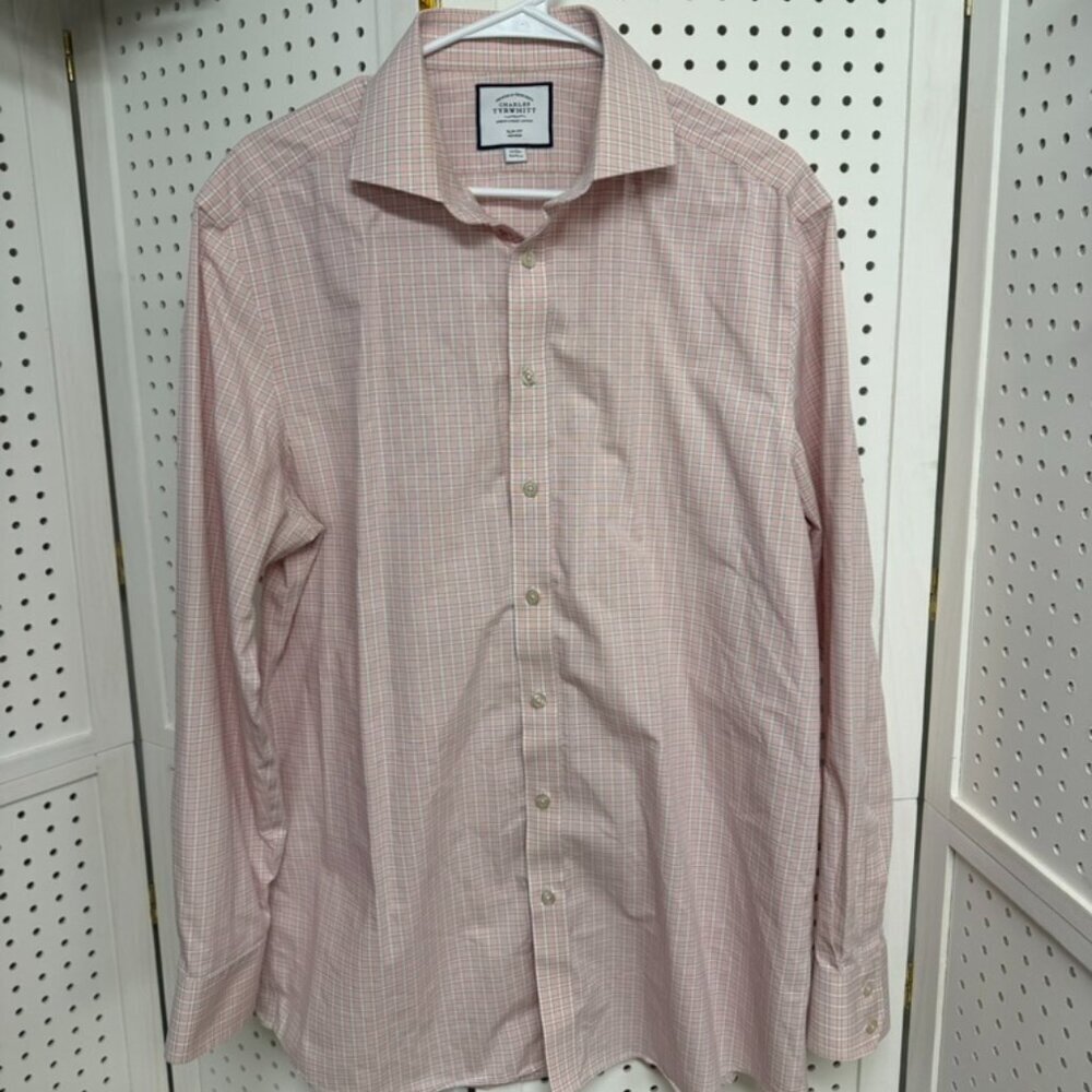 Charles Tyrwhitt Long Sleeve Button Down Pink White Plaid Mens XL Formal Casual